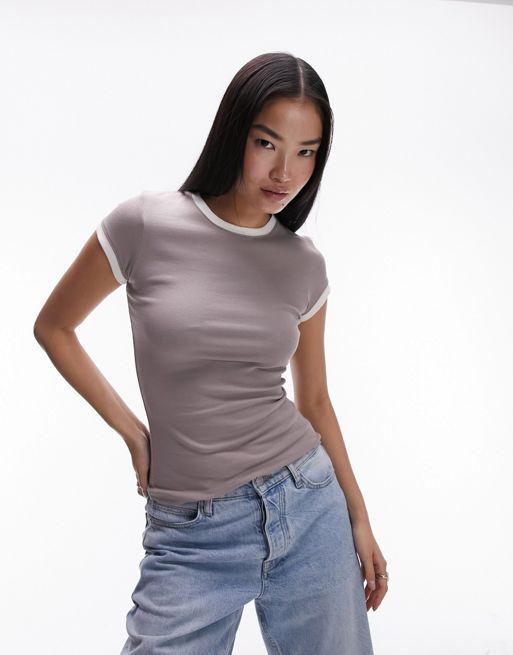 Topshop – Gråbrun, lång, vardaglig t-shirt med kontrastfärgade kantband