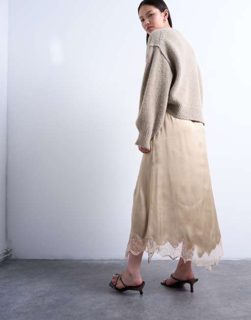 Topshop - Gråbrun midinederdel med tørklædekant i satin- og blondeblanding, 4 af 5