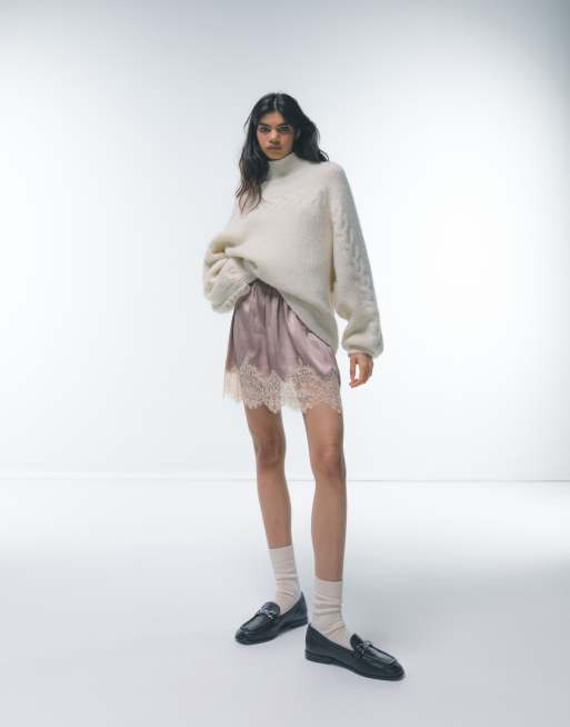 Topshop – Gråbrun minikjol i satin med spetskant och rosett