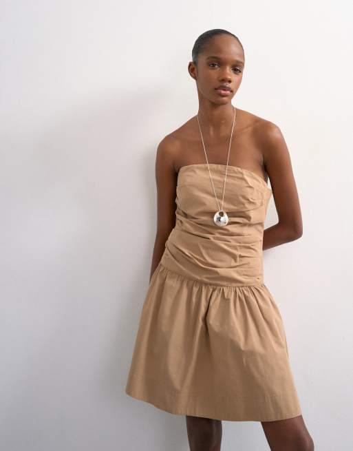 Topshop - Gråbrun rynket midikjole i poplin med striber og bandeau-snit, 2 af 4