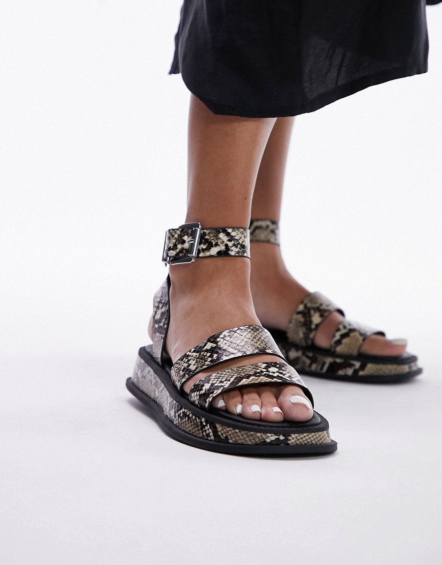 Topshop Grace Flat Sandals With Buckle Detail In Snake-multi