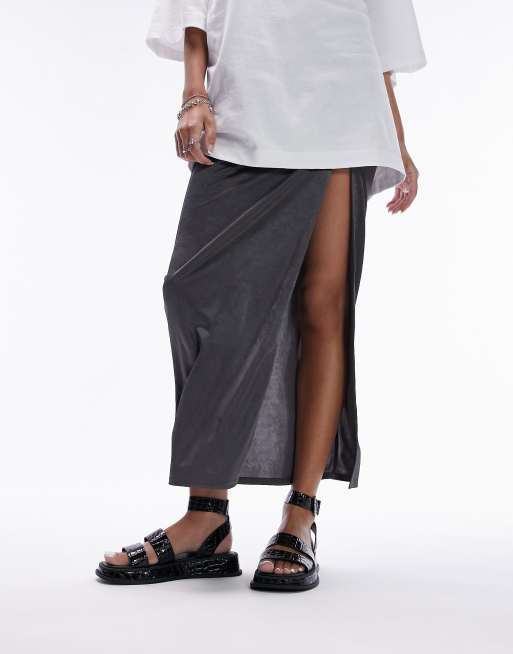 Topshop – Grace – Svarta, krokodilskinnsmönstrade platta sandaler med spänne, 2 av 4