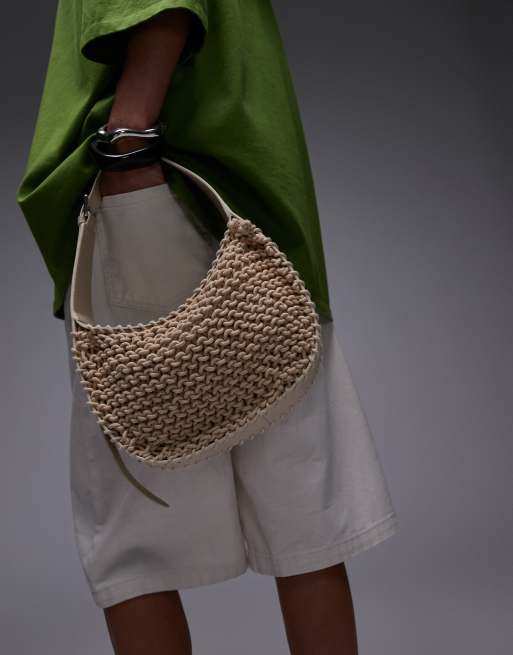 Topshop - Gracia - Borsa da spalla colore naturale in pelle e all'uncinetto con manico con fibbia