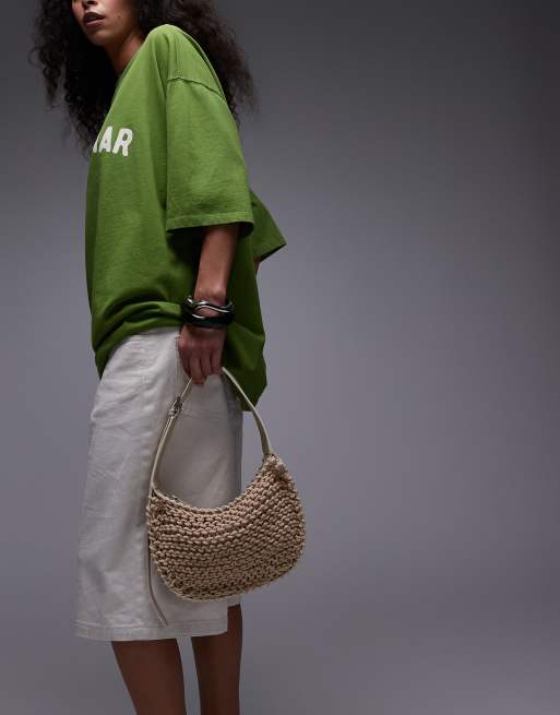 Topshop Gracia crochet & leather bag with buckle strap in natural
