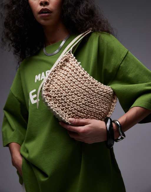 Topshop Gracia crochet & leather bag with buckle strap in natural