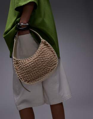 Topshop - Gracia - Gehäkelte Tasche in Naturton mit Leder und Riemen mit Schnalle-Neutral