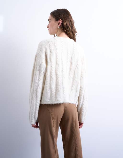 Topshop – Gräddvit, fluffigt flätstickad kofta, 3 av 4