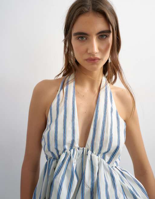 Topshop – Gräddvit, randig topp med halterneck och ballongfåll, 3 av 4