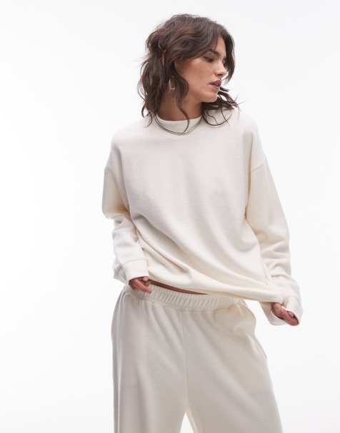 Topshop – Gräddvit sweatshirt med ståkrage och borstad struktur - view 1