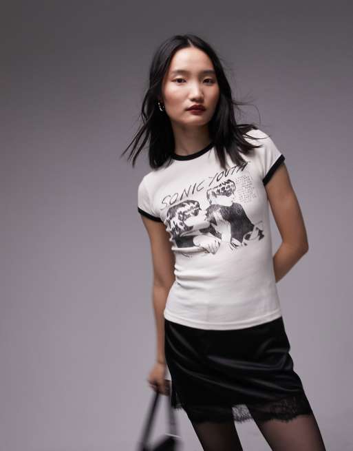 Topshop – Gräddvit t-shirt i lång design med licenserat Sonic Youth-tryck