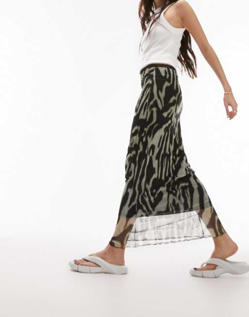Topshop graffiti animal print lace trim midi skirt in multi 