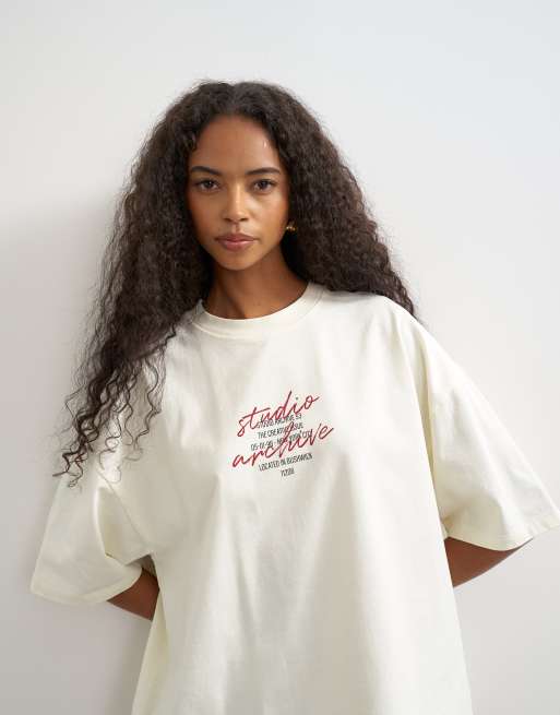 Topshop graficzny T-shirt oversize w kolorze ecru