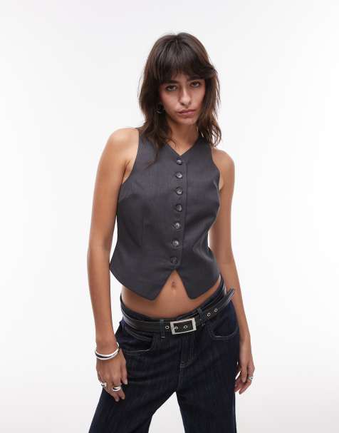 Topshop high neck cropped waistcoat in charcoal