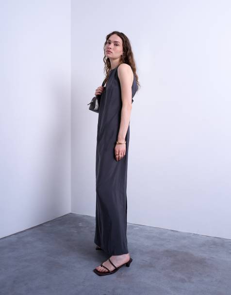 Topshop high neck open back chuck on cupro midi dress in charcoal
