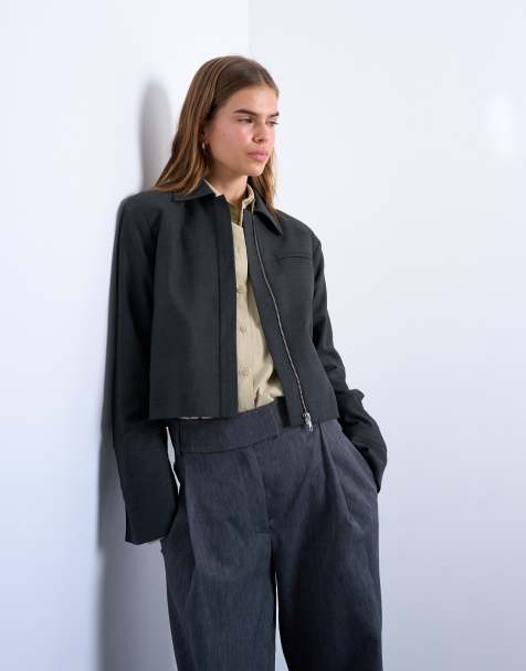 Topshop zip up cropped jacket in charcoal