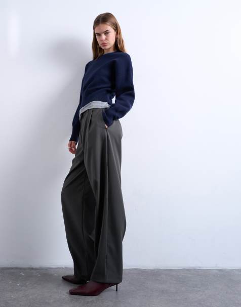 Topshop tailored pleated ovoid trouser in charcoal