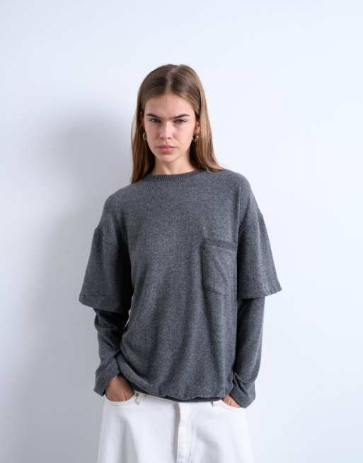 Topshop – Grafitowoszary dwuwarstwowy T-shirt z kieszenią