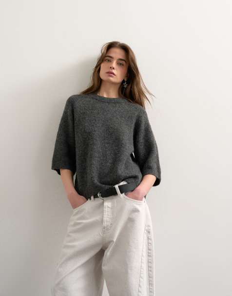 Topshop – Grafitowy T-shirt dzianinowy z półrękawkami - view 1