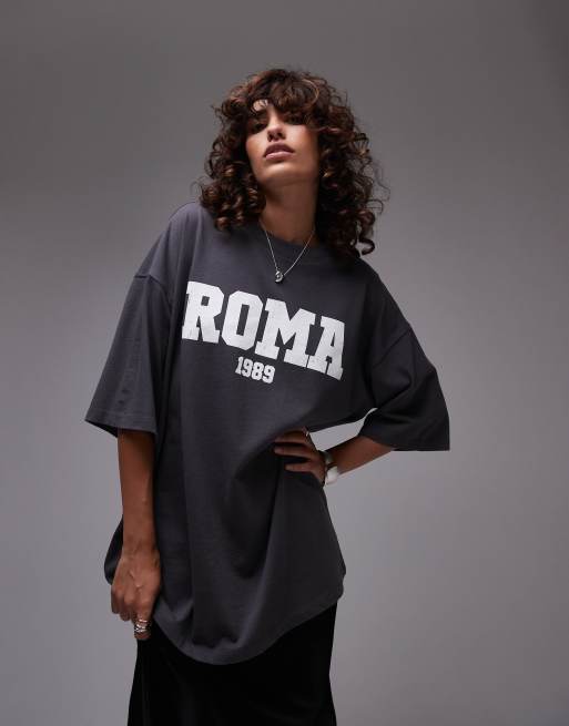 Topshop – Grafitowy T-shirt oversize z grafiką „Roma 1989“, 3 z 4