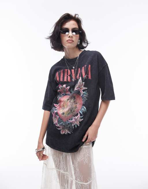 Topshop – Grafitowy T-shirt oversize z licencjonowaną grafiką Nirvana
