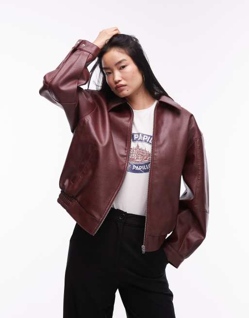 Topshop grain faux leather oversized bomber jacket in burgundy