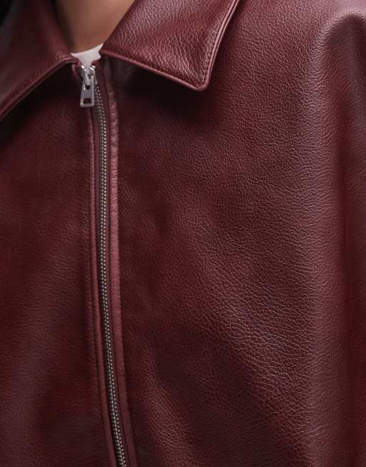 Topshop grain faux leather oversized bomber jacket in burgundy, 4 of 4
