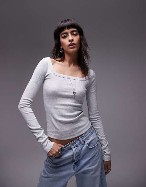 Topshop – Gråmelerad långärmad topp med fyrkantig ringning, 3 av 4