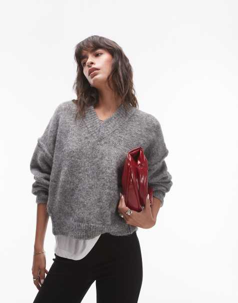 Topshop – Gråmelerad, stickad, fluffig tröja med hög v-ringning - view 1