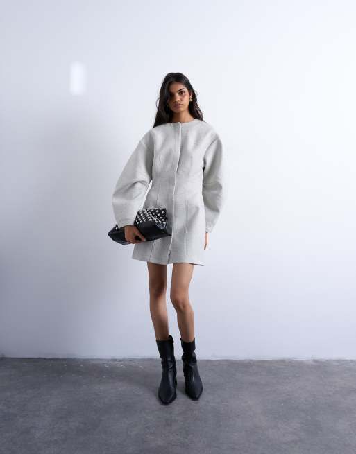 Topshop – Gråmelerad, vävd och strukturerad miniklänning med cocoonärmar, 2 av 4