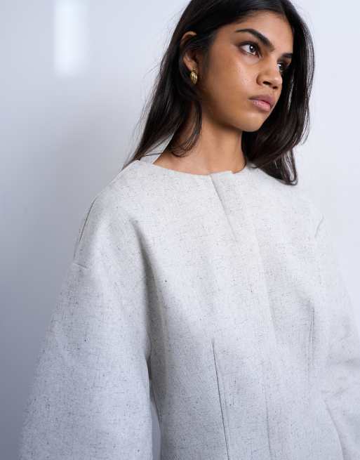 Topshop – Gråmelerad, vävd och strukturerad miniklänning med cocoonärmar, 3 av 4