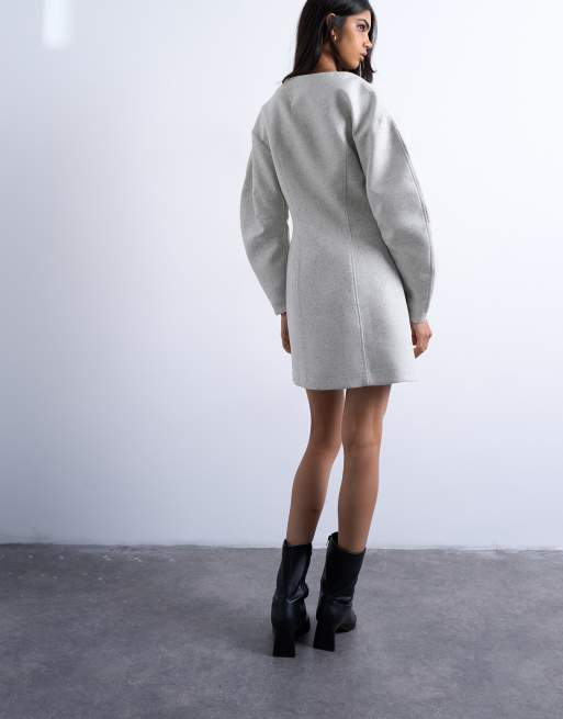 Topshop – Gråmelerad, vävd och strukturerad miniklänning med cocoonärmar, 4 av 4