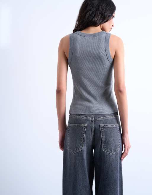 Topshop - Gråmeleret ribstrikket top med racerhals, 3 af 4