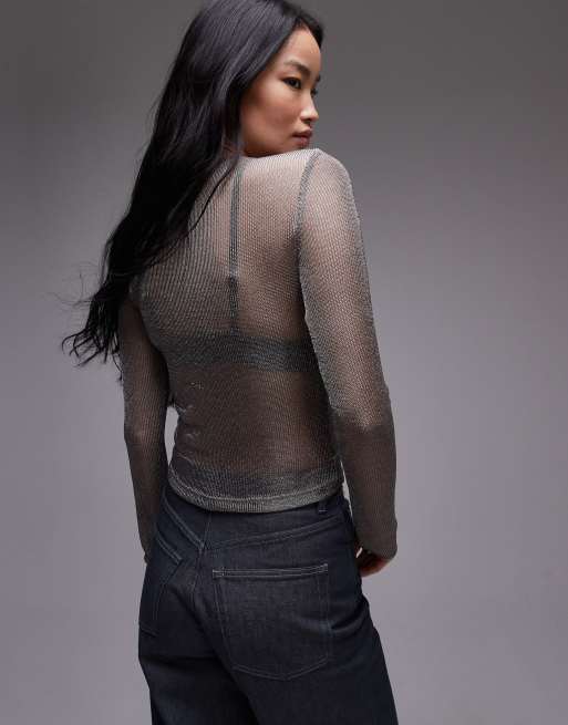 Topshop – Gråmetallisk, skir topp med långa ärmar, 2 av 4