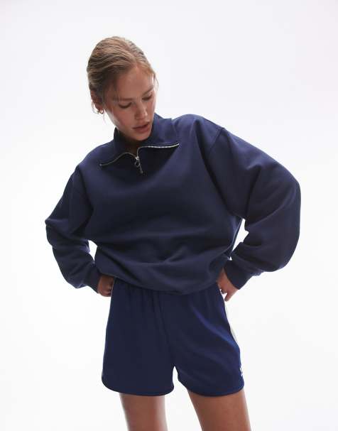 Topshop – Granatowa bluza dresowa oversize z zamkiem pod szyją - view 1