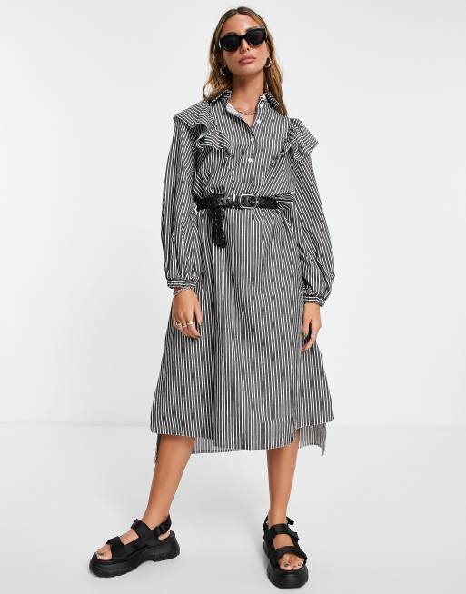 Topshop – Granatowo-biała popelinowa koszulowa sukienka midi o kroju oversize z falbaniastym kołnierzykiem i wzorem w paski 