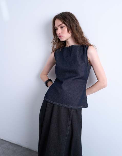 Topshop denim boat neck top in indigo rinse