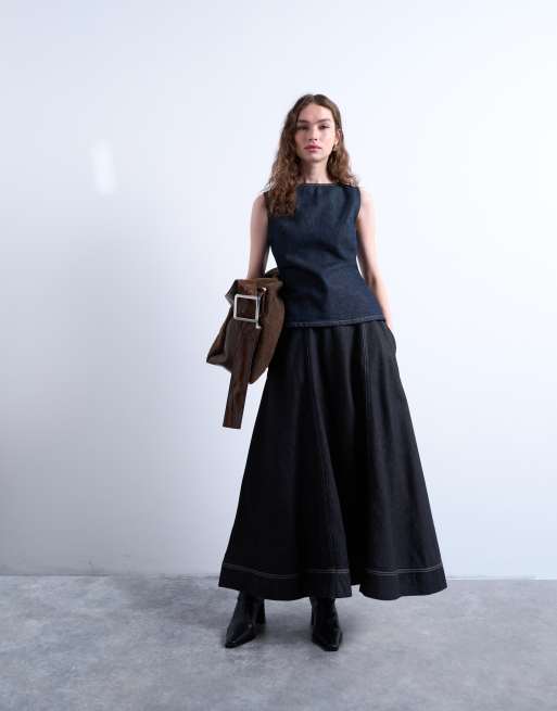 Topshop – Granatowy denimowy top z dekoltem w łódkę, 3 z 4
