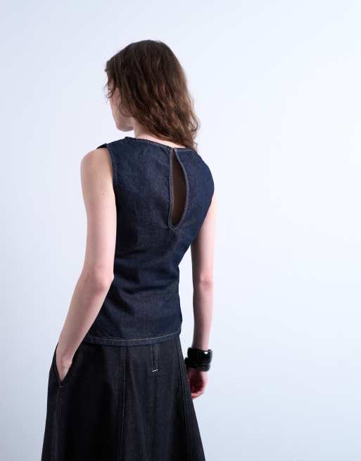 Topshop – Granatowy denimowy top z dekoltem w łódkę, 4 z 4