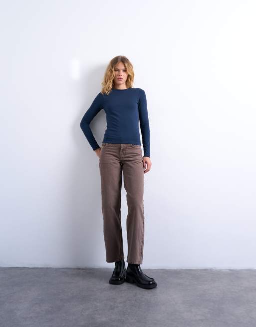 Topshop – Granatowy gładki top z długimi rękawami, 2 z 4
