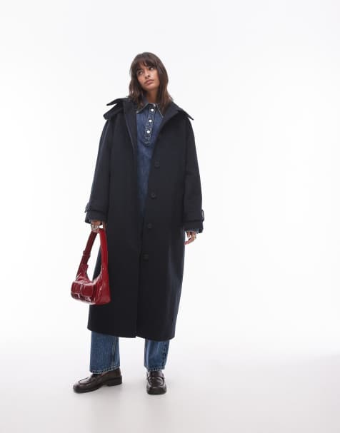 Topshop – Granatowy płaszcz z diagonalu z paskiem - view 1