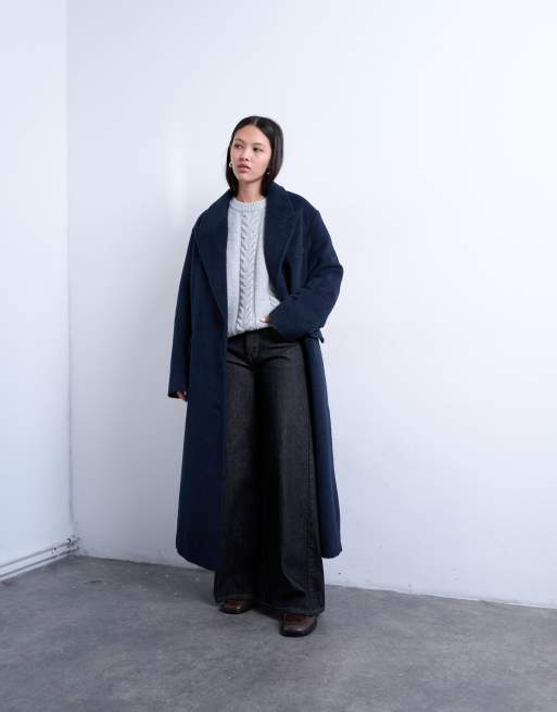 Topshop – Granatowy szczotkowany płaszcz z trzema guzikami z domieszką wełny