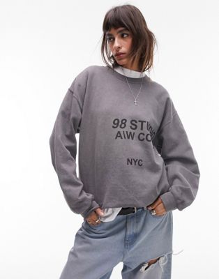 Topshop graphic 98 studio oversized vintage wash sweat in charcoal