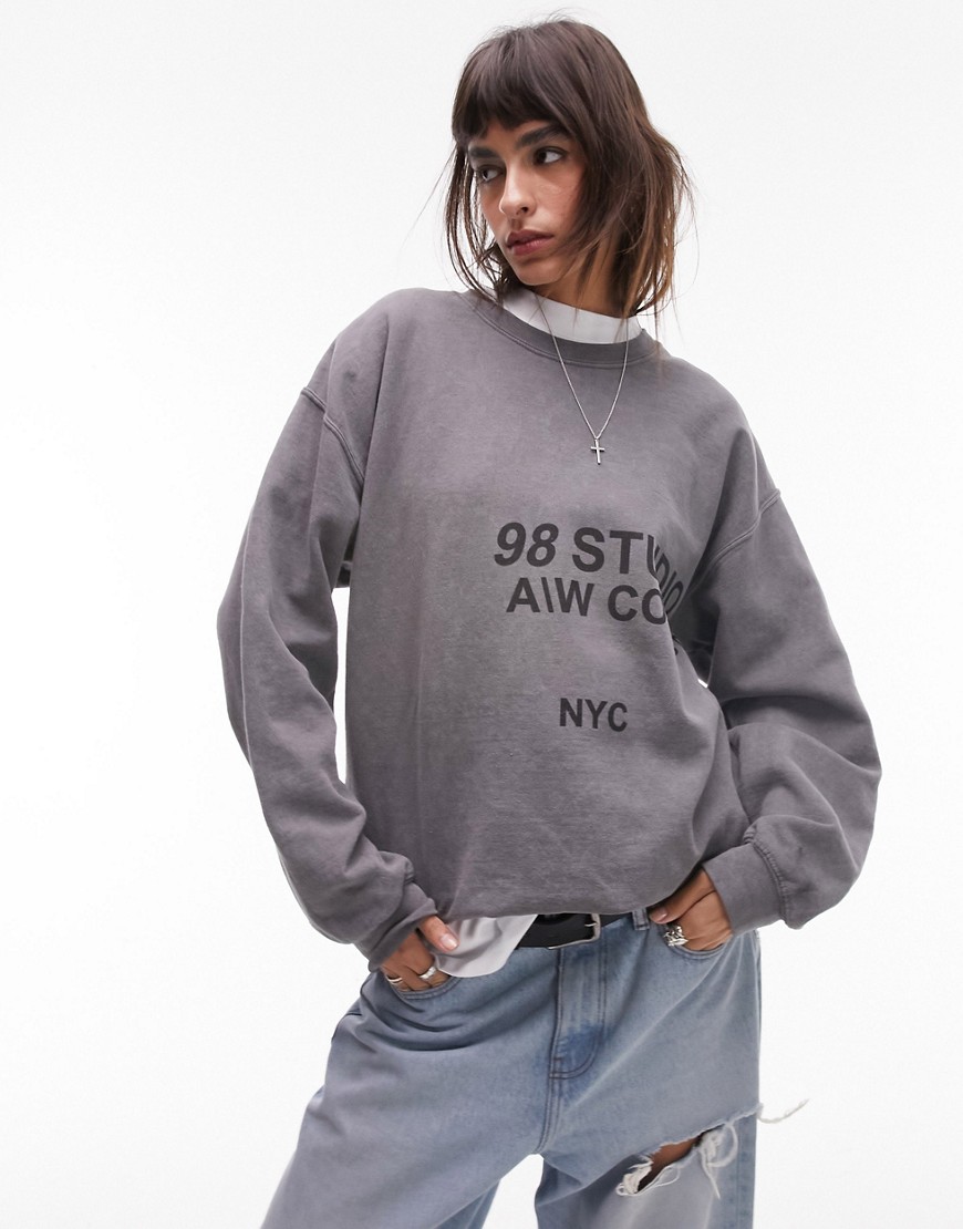 Topshop Graphic 98 Studio Oversized Vintage Wash Sweatshirt In Charcoal-gray