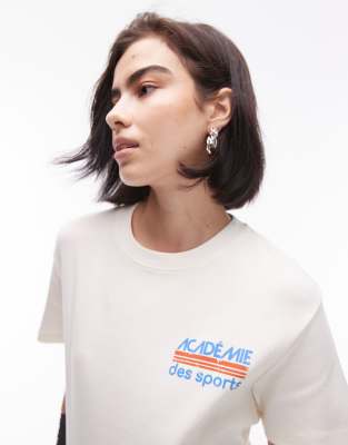 Topshop Graphic Academie Des Sports Tee In Ecru-white