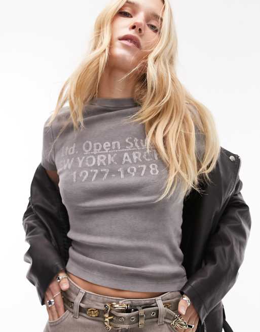 Topshop graphic acid wash open studio baby tee in charcoal