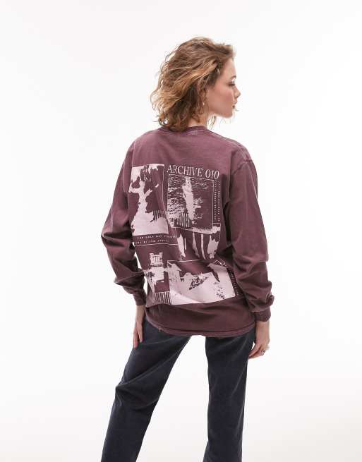 Topshop graphic Archive long sleeve skater tee in plum