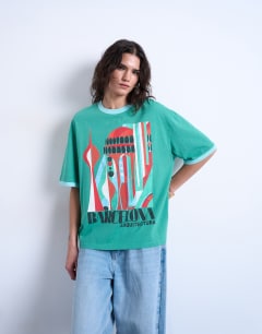 Graphic Barcelona contrast ringer oversized tee in green