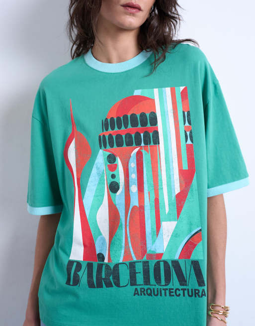 Topshop graphic 'Barcelona' contrast ringer oversized tee in green, 2 of 4