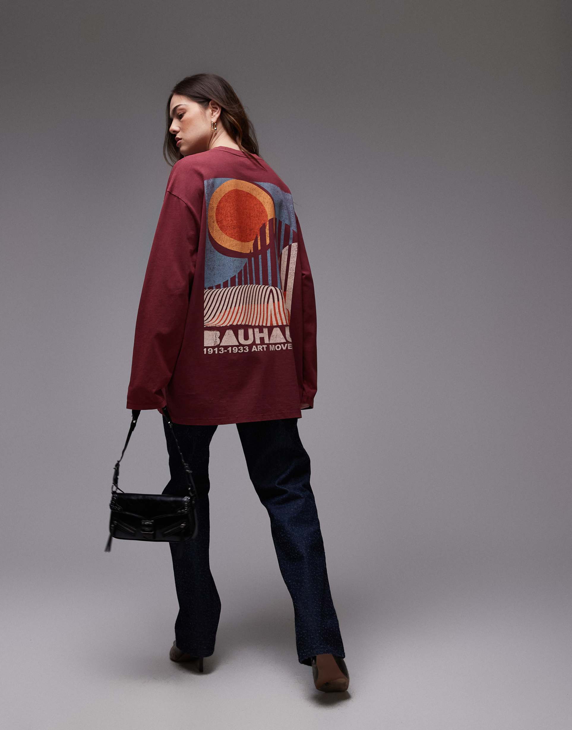 topshop graphic bauhaus long sleeve skater tee in burgundy