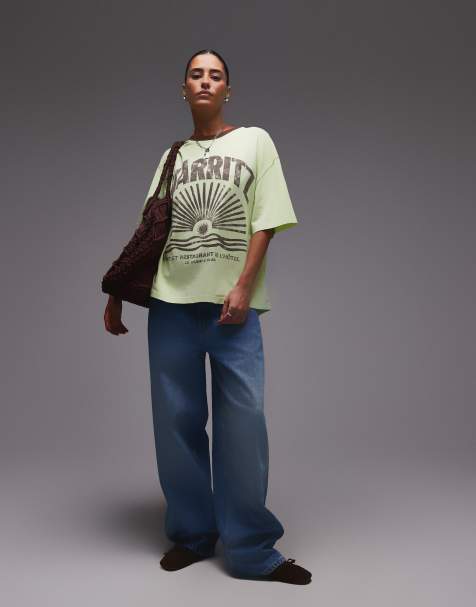 Topshop graphic biarritz oversized ringer tee in green - view 1